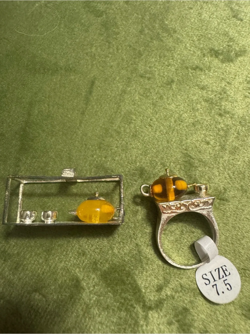 Lotus Fun Artisan 925 Silver Amber Teapot Ring 7.5 & Pendant Set